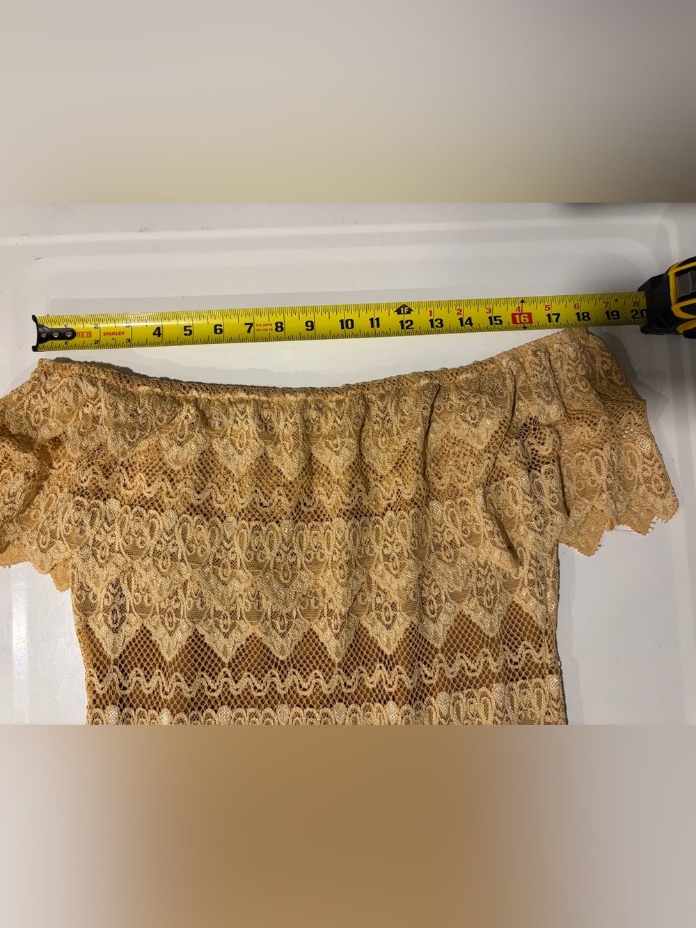 Lucky & Blessed One-Shoulder Scalloped Lace Dress in Tan - Picture 6 of 6
